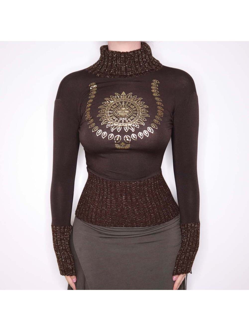 Y2K Italian Brown and Gold Printed Turtleneck (S)
